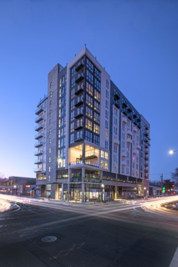 Exterior Picture of the19J Mixed-Use Residential Building at Dusk
