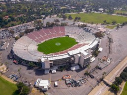 Pasadena, California, USA-March 19, 2017. Historic Rose Bowl stadium in Pasadena near Los Angeles, California. Empty stadium during the week getting it ready for upcoming games and promoting the 2028 Olympics. At the time of the image they were preparing for a Rose Bowl Football Game. The 2017 Rose Bowl Football Game features the USC and Penn State college football teams playing during the 2017 season. The Rose Bowl Football Game is usually played on New Years Day, however, this years game will be played on Monday due to New Years Day landing on a Sunday.